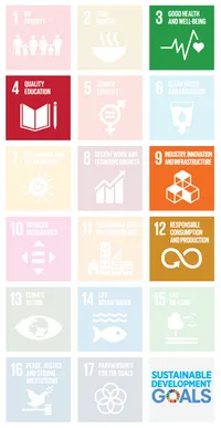 UN’s 17 Sustainable Development Goals with the numbers 3, 4, 9, and 12 highlighted. Illustration.